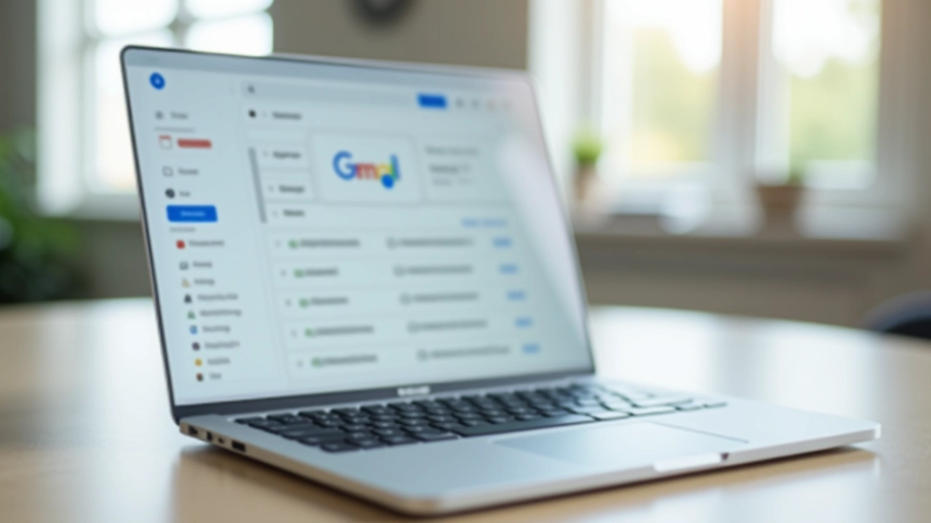 Modern laptop showing Gmail dashboard with organized email folders and labels clearly visible